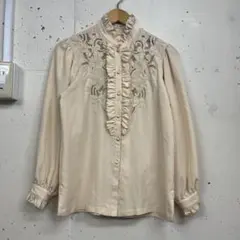 昭和レトロブラウス ビンテージ古着 フリルレースブラウス 長袖 ベージュ