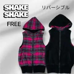 SHAKE SHAKE リバーシブル フード付きベスト ピンクチェック×ブラック