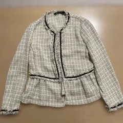 【極美品】ZARA ザラ ツイードジャケット ノーカラー アイボリー×黒 M