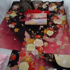 黒ピンク正絹振袖フルセット等 袋帯 帯締め 帯揚げ 半襟 重ね襟 成人式卒業式等
