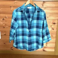 【UNIQLO】青系チェック 五分袖シャツ Lサイズ