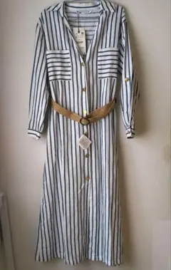 ZARA　ザラ　タグ付き　綿麻混　 ストライプ　シャツワンピース 　ベルト付き