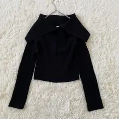 オフショルダー リブニット 長袖 黒 フィット ショート丈