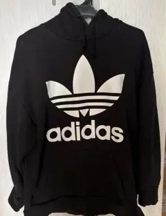 adidas パーカー 黒 トレフォイル ビッグロゴ　Lサイズ相当
