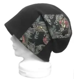 ハンドメイド◆和柄[龍]ルーズワッチキャップ(ゆったり)◆コットンニット／黒