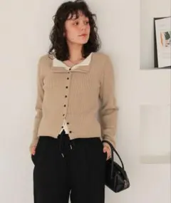 titivate レイヤード風 リブニットトップス ベージュ M