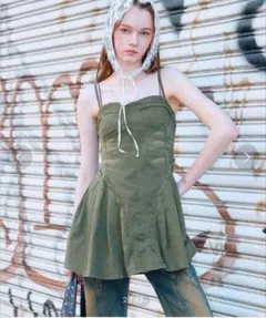 FOREVER21 ツイルプリーツミニキャミワンピース カーキ