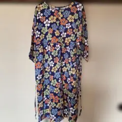 着物リメイクハンドメイド　花柄ネイビー半袖ワンピース