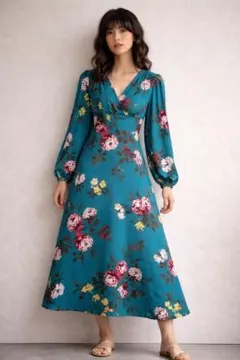 【ZARA】 ザラ ワンピース ロング 長袖 ブルー M 花柄