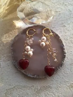 16kgp☃ゆきだるまん　淡水パール　レッドアゲート　ピアス