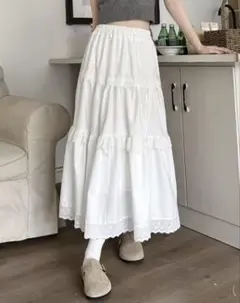 ホワイト コットン ティアードフレアスカート