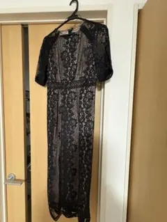 異素材シアー刺繍レースプリーツスリーブIラインロングワンピース