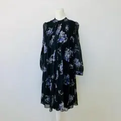 【a0727】長袖シアーシャツワンピース 花柄 S 上品 ブラック エレガンス