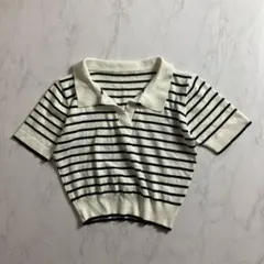 グレイル　襟付き　ボーダー柄　半袖ニットトップス　短丈　Ｍ