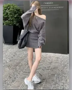 【美品】ac2511 グレイル　オフショルダー ニットミニワンピース グレー