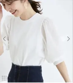 袖オーガーンジー半袖プルオーバー 異素材切り替え パフスリーブ トップスのサムネイル