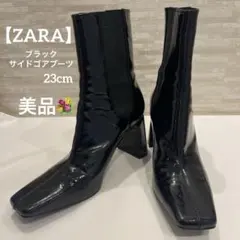 ZARA ブラック サイドゴアブーツ スクエア パテントレザー チャンキーヒール