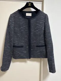 美品　anysis ネイビー ツイード ノーカラージャケット　L