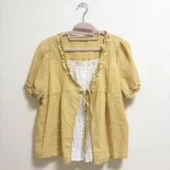 SHEIN チェック柄 レイヤード風トップス イエロー M