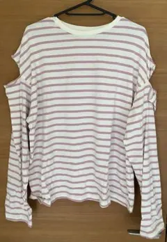 GRL グレイル トップス ピンク ボーダー柄ショルダースリットルーズトップス