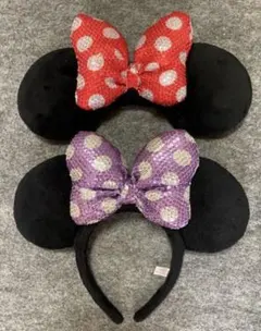 ディズニー　カチューシャ　スパンコール　リボン　赤　紫　ミニー　水玉　　ペア