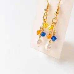 No.24【スワロフスキー】3色クリスタルとパールのピアス(オレンジ&ブルー)