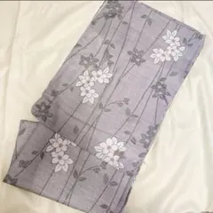 洗える着物 グレー 花柄 紬 小紋