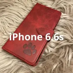 iPhone6.6s 手帳型スマホケース　レザー　赤　肉球　犬猫　足あと