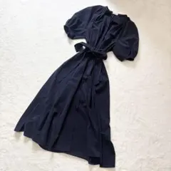 ソブ ダブスタ カシュクールワンピース ウエストリボン ストレッチAライン 紺 ソブ ダブスタ カシュクールワンピース ウエストリボン ストレッチA