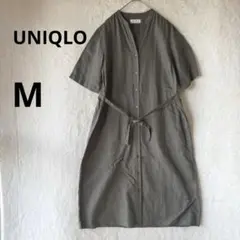美品 UNIQLO M カーキ リネンコットン シャツワンピース（半袖）