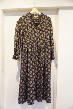 ネイビー花柄シャツワンピース