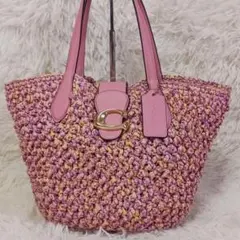 COACH コーチ ストロー×レザー かごバッグ ポーチ付き スモールトート