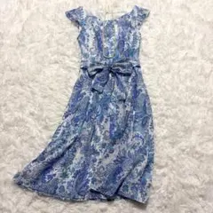 新品同様✨アナイ 膝丈ワンピース シフォン ペイズリー 花柄 フリル リボン 青
