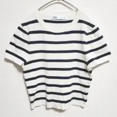 ZARA ボーダーニット 半袖 サイズL ゆったり ショート丈 リメイク 春夏