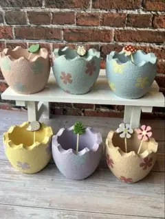 フラワー＊エッグのセメントリメイク鉢6個とピックセット＊