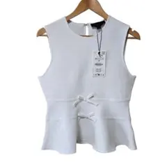 ZARA リボン付きペプラムニットトップスホワイト ノースリーブ Mサイズ
