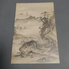 紙本水墨画賛　　【室町期】　水墨画に僧　三名賛　　共箱　　軸先良品　　548 紙本水墨画賛 【室町期】 水墨画に僧 三名賛 共箱 軸先