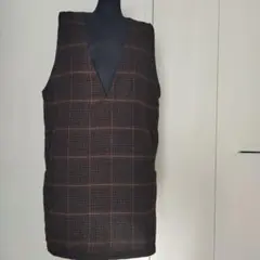 ブラウン系チェック柄 Vネック ベスト