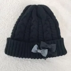 キッズ　黒いリボン付きニット帽　46~50cm