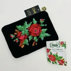 【新品タグ付き】FEILER 花柄刺繍 ブラックポーチ 約16×11cm