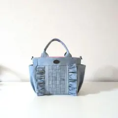 ハンドメイド　デニムリメイク　編み込み　フリル　トートバッグ