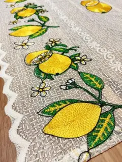 昭和レトロ　レトロポップ　レースカーテン レモンと花の刺繍　ショートバージョン