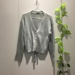 【MELLOWNEON】カーディガン リブ編み Vネック ボタン グレー ベルト