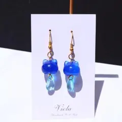【値上げ前SALE】【ピアス/イヤリング】猫と風鈴　尻尾が揺れる　推しカラー　青