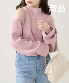 肩スリットハイネックルーズニット ピンク