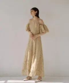 【LE'RURE】 コットンレーススフレスリーブドレス　イエロー【Sサイズ】