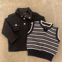 COMME CA ISM 黒シャツとストライプベストセット 80