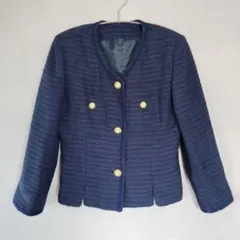 ノーカラー　ツィードジャケット　パールボタン　9号　ネイビー