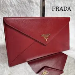 ✨美品✨ プラダ 長財布 フラップ 金ロゴ レター型 エンベロープ レッド 赤