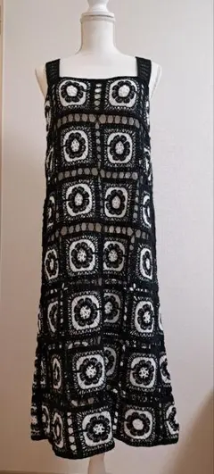 昭和レトロ ニット キャミソールロングワンピース 白×黒